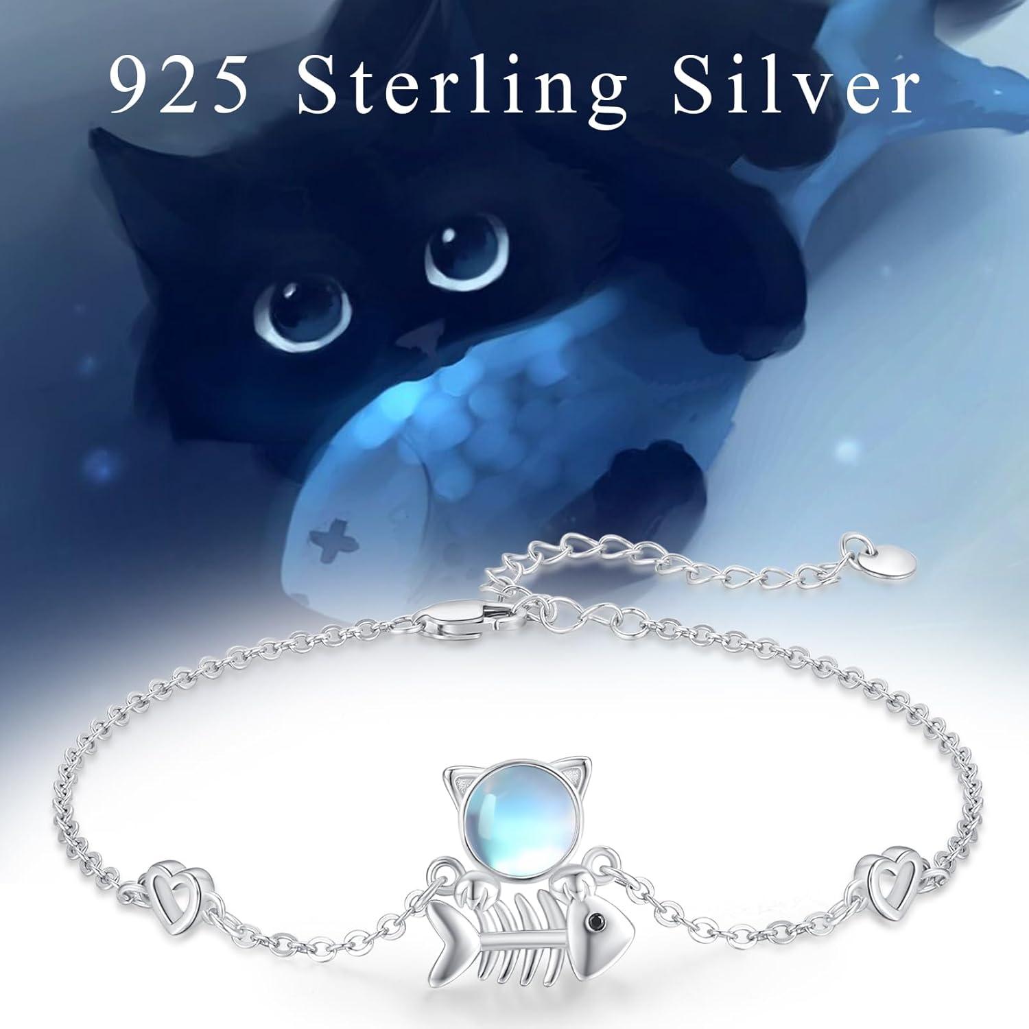 925 Sterling Silber Armband Mondstein Katzen Fischgräten