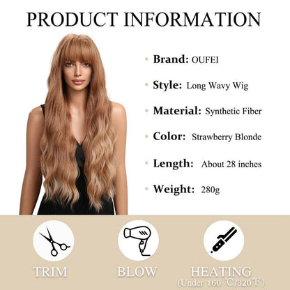 Lange Erdbeerblond Perücke mit Pony - Synthetisches Haar 28