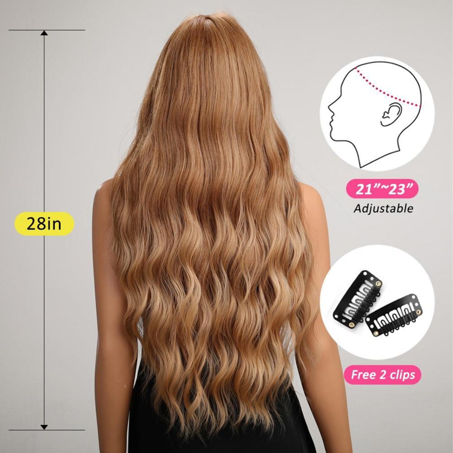 Lange gewellte Erdbeerblonde Perücke mit Pony für Frauen - Natürliches hitzebeständiges Synthetikhaar