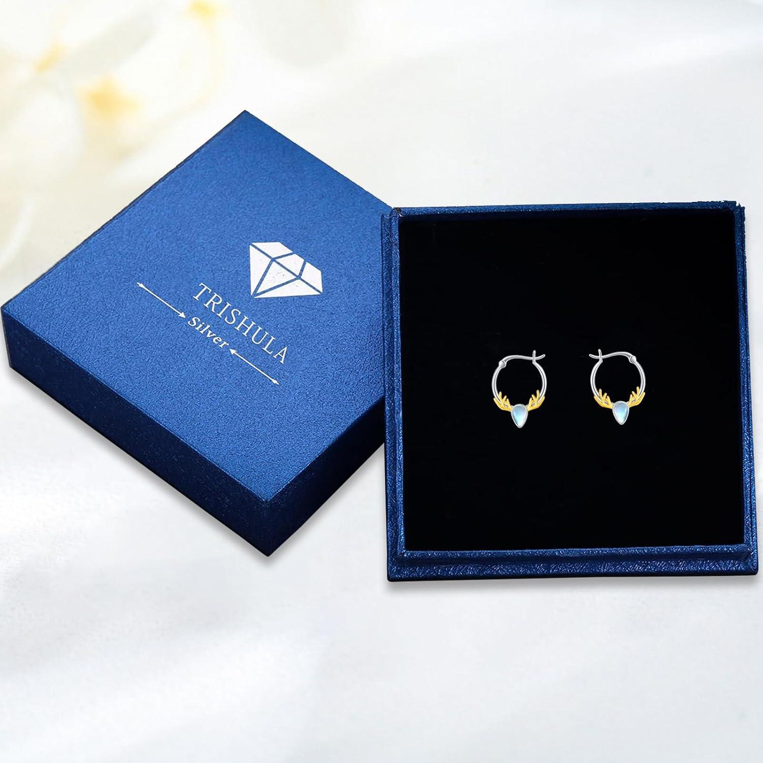 Elch Rentier Creolen 925er-Silber Mondstein Ohrringe hypoallergen Tierschmuck