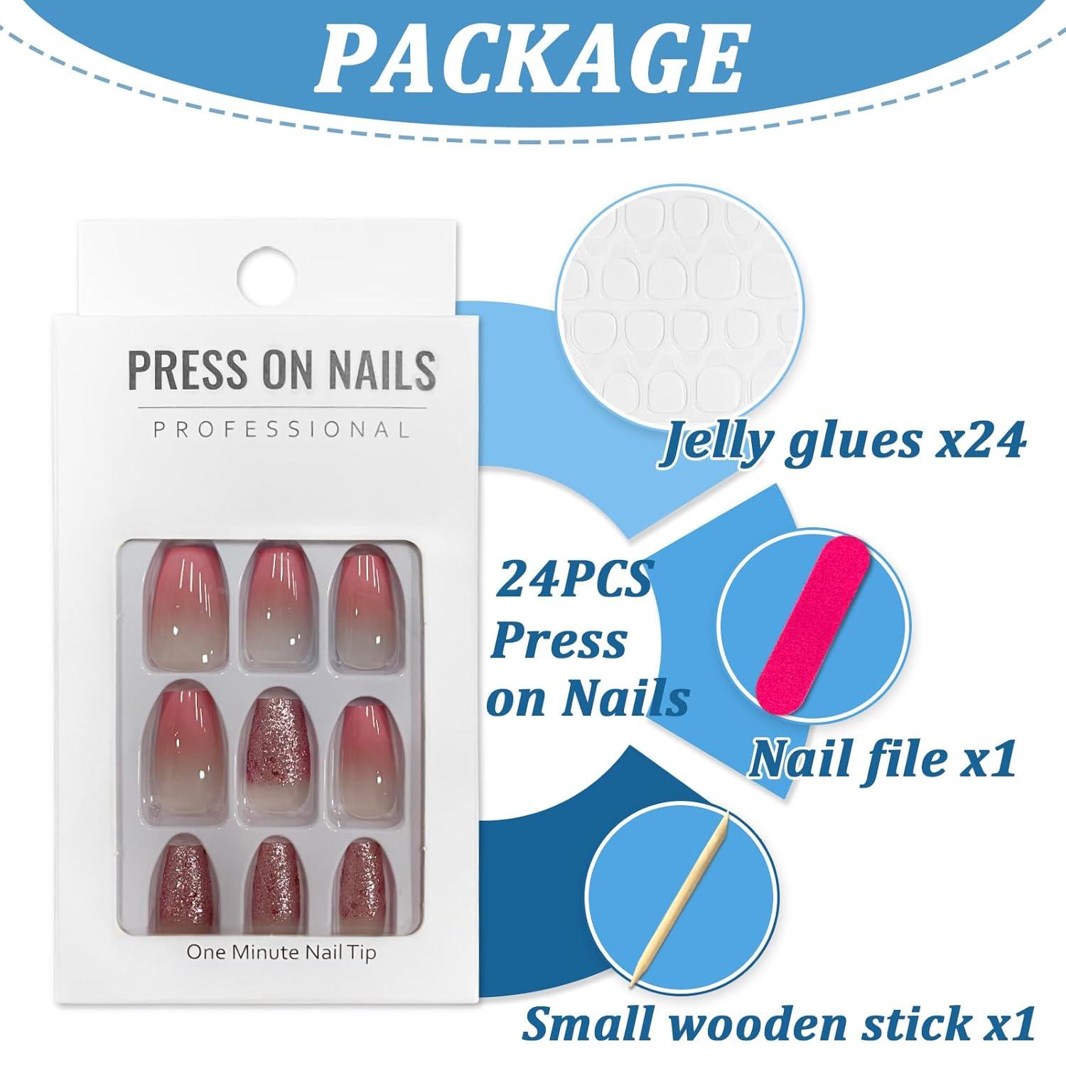 24 Stück Falsche Nägel Kurz Eckig French Rosa Glänzend Press on Nails
