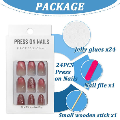 24 Stück Falsche Nägel Kurz Eckig French Rosa Glänzend Press on Nails