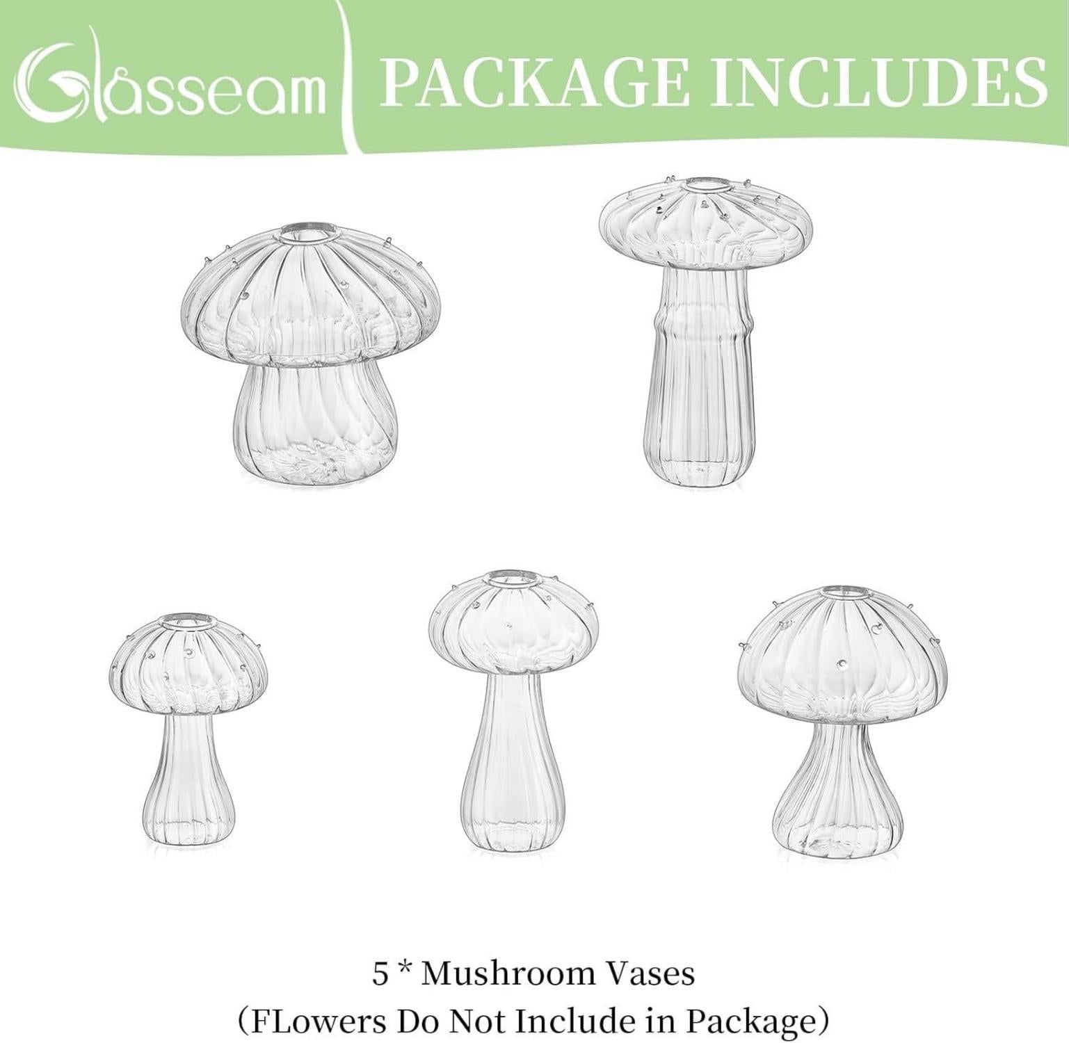 Pilz Deko Vasen Glas Klar 5er Set Mini Blumenvasen für Tisch