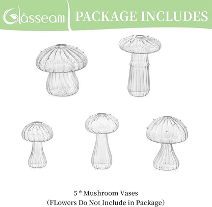 Pilz Deko Vasen Glas Klar 5er Set Mini Blumenvasen für Tisch