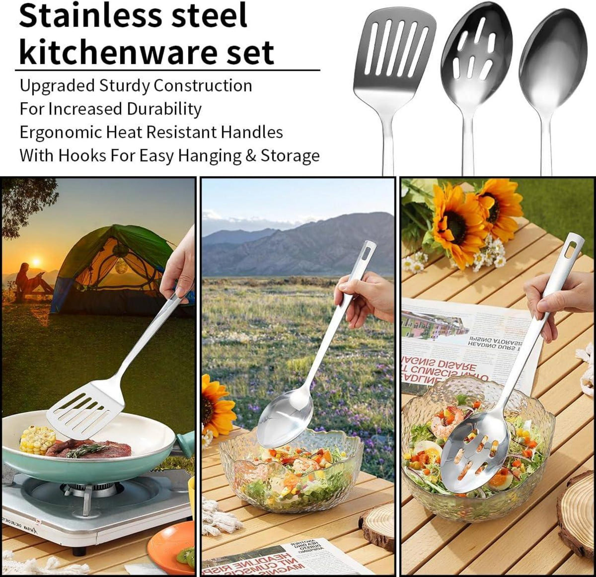 Camping-Kochgeschirr-Set Edelstahl Besteck Teller Tassen Outdoor-Grill