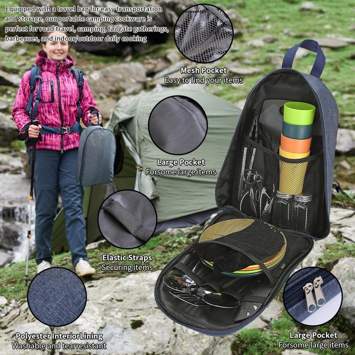 Camping-Kochgeschirr-Set Edelstahl Besteck Teller Tassen Outdoor-Grill