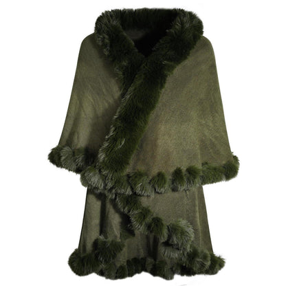 Strick Poncho Damen mit Fellkragen Armeegrün