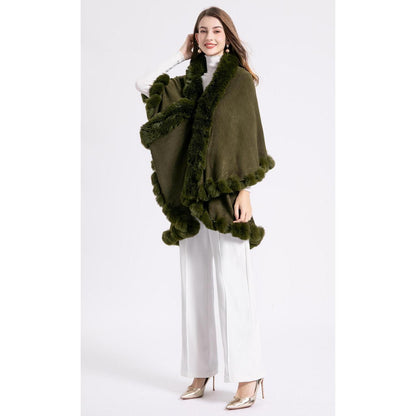 Strick Poncho Damen mit Fellkragen Armeegrün