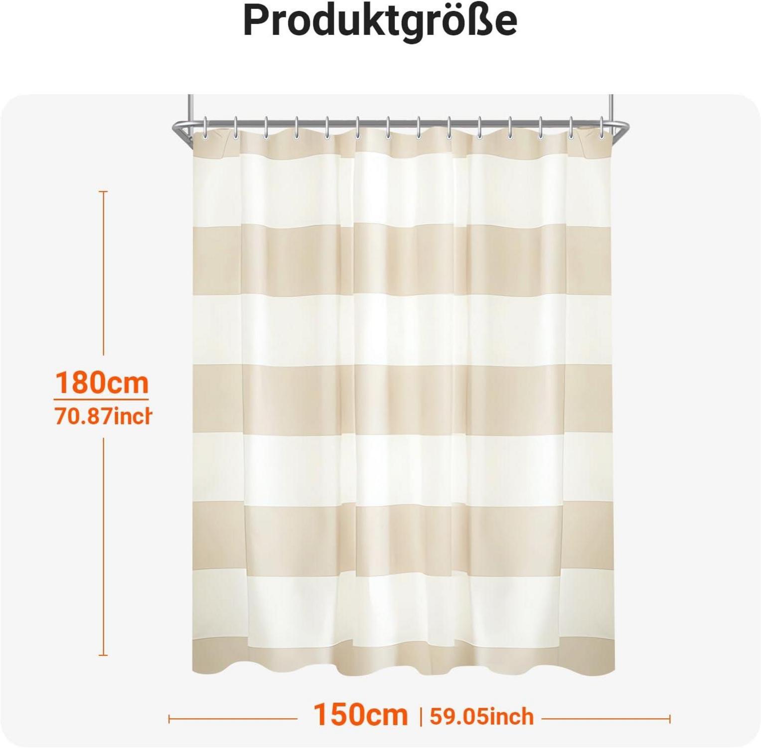 Duschvorhang 150x180cm Beige Streifen Wasserabweisend inkl. 12 Ringe