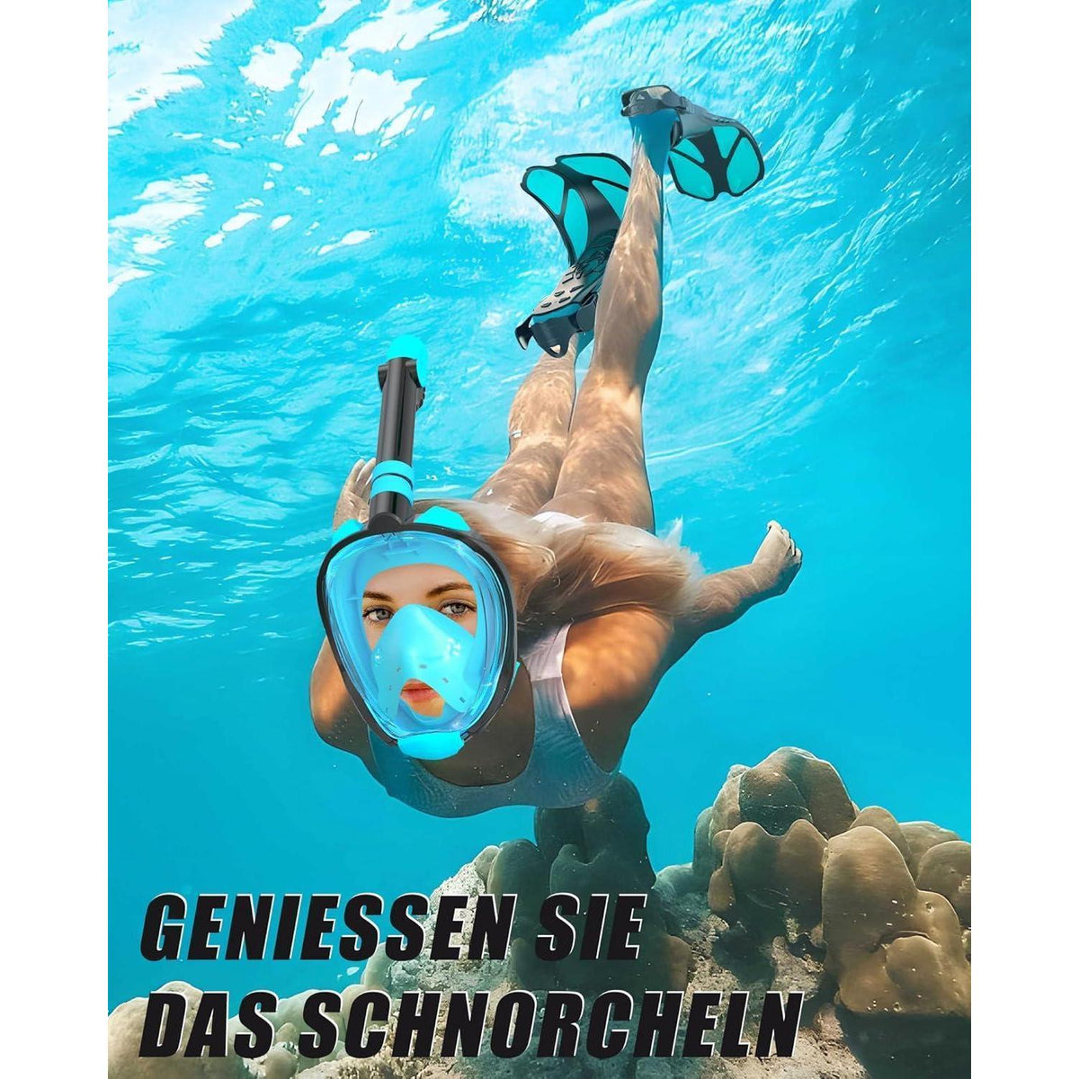 Vollgesichts-Tauchmaske mit Flossen, Schnorchelset Grün S/M