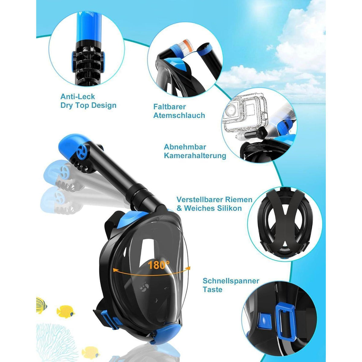 Vollgesichts-Tauchmaske mit Flossen, Schnorchelset L/XL Schwarz-Blau