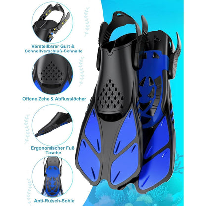 Vollgesichts-Tauchmaske mit Flossen, Schnorchelset L/XL Schwarz-Blau