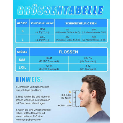 Vollgesichts-Tauchmaske mit Flossen, Schnorchelset L/XL Schwarz-Blau