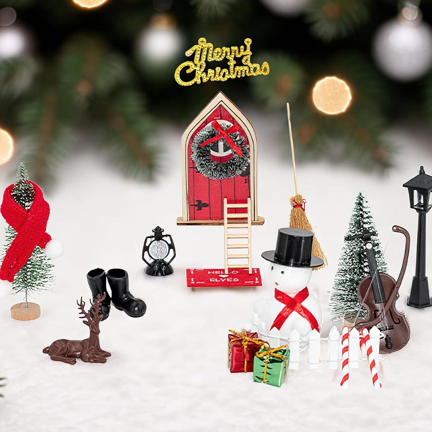 EDWINENE Wichteltür Set Weihnachtsdekoration Miniatur Tür aus Holz