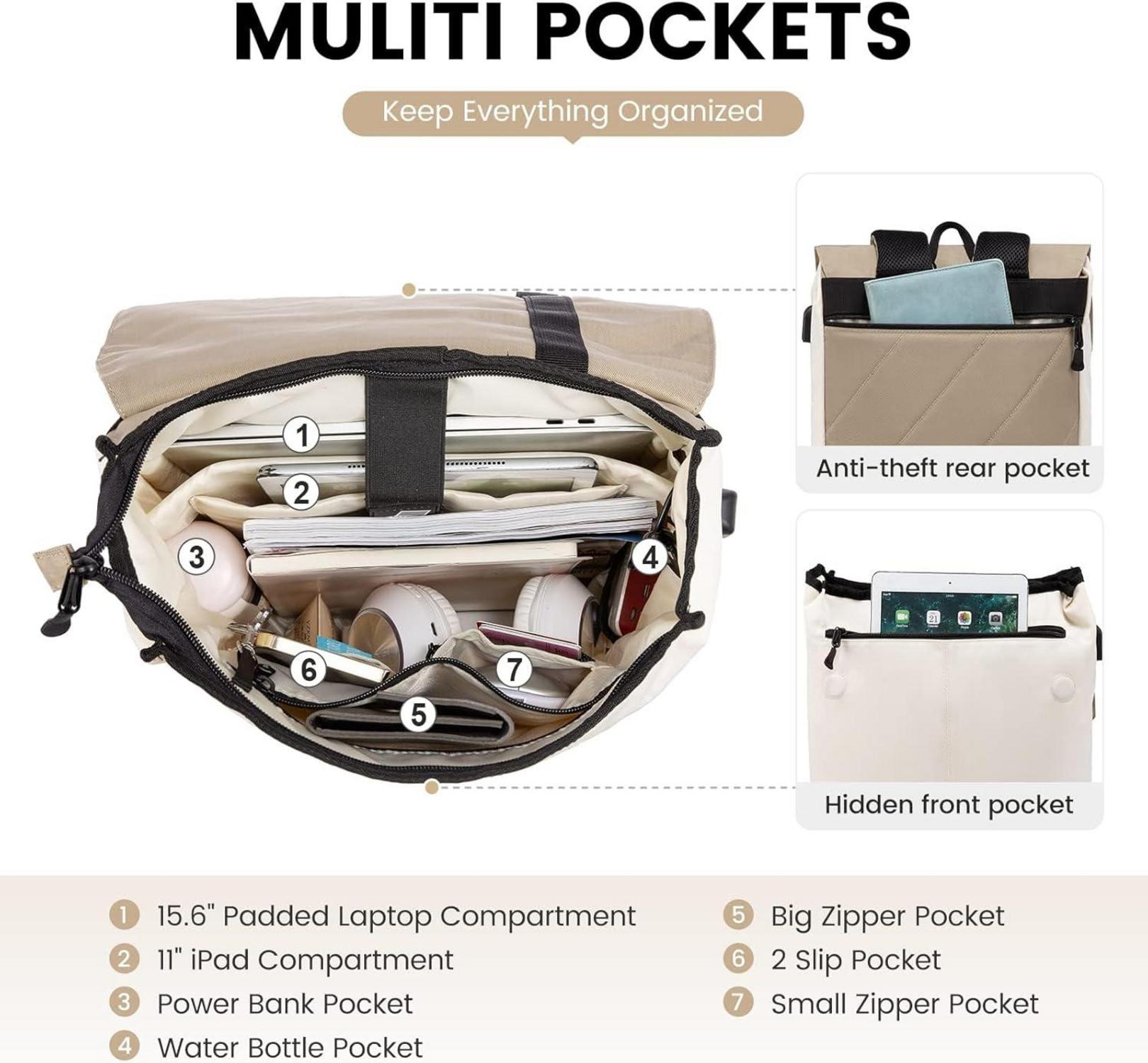 USB Ladeanschluss Anti Diebstahl Schulrucksack 17 Zoll Beige