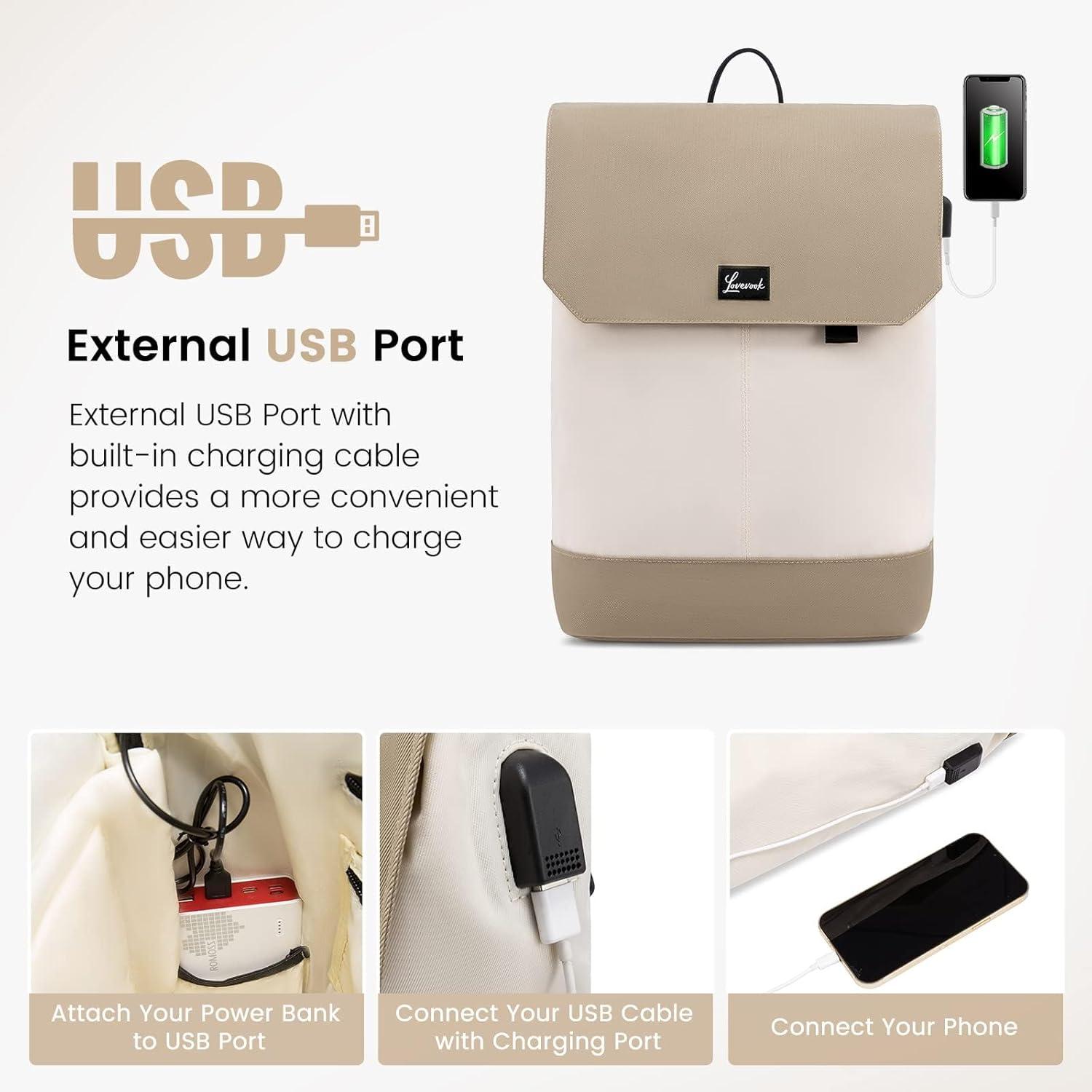 Schulrucksack Mädchen Teenager 17 Zoll mit USB Ladeanschluss & Laptopfach Beige