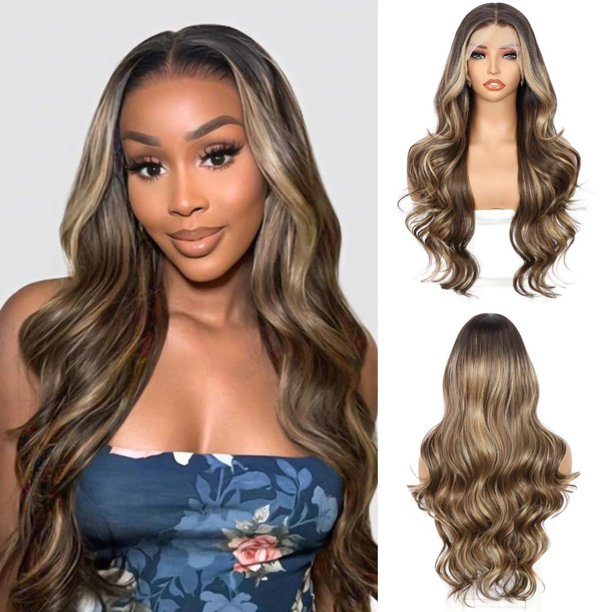 Braune Körperwelle Lace Front Perücke mit Highlights – 26 Zoll