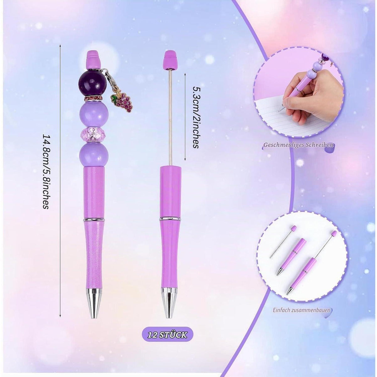 12 DIY Perlenstifte Set Lila - Kugelschreiber Großpackung