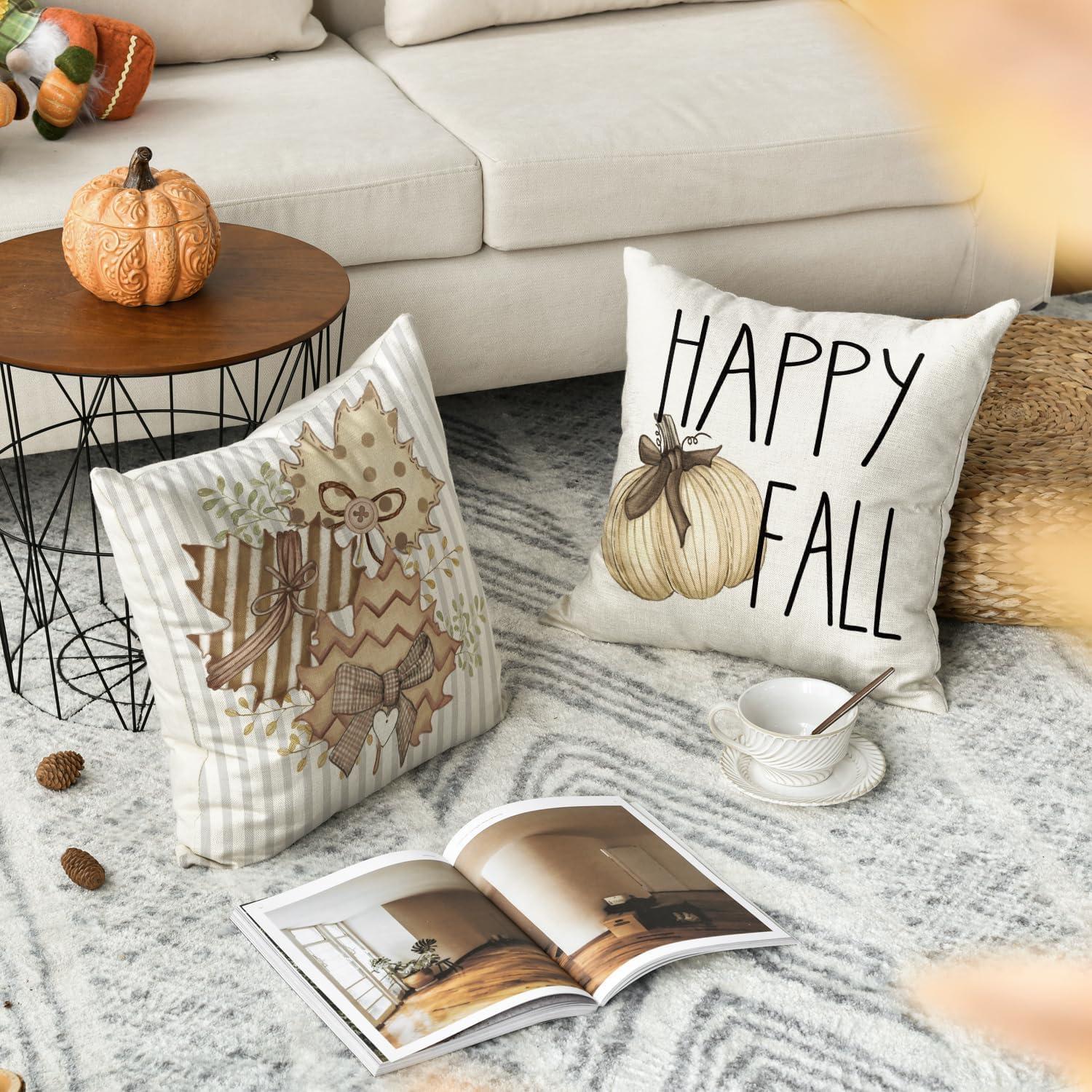 Herbst Kissenbezüge Set Streifen Ahornblätter Kürbisse 40x40cm