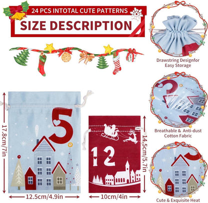 DIY Adventskalender zum Befüllen Kinder Weihnachtsmotiv 24 Stoffbeutel