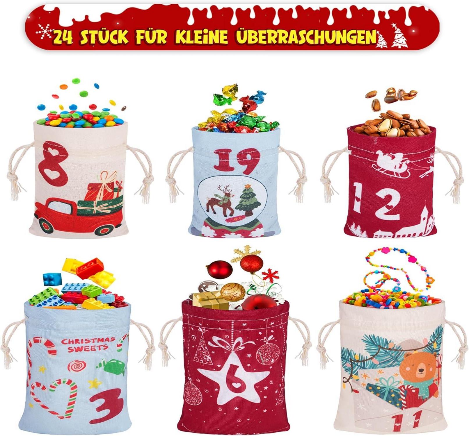 Adventskalender zum Befüllen Stoffbeutel 24 Weihnachtsmuster Kinder DIY