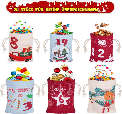 Adventskalender zum Befüllen Stoffbeutel 24 Weihnachtsmuster Kinder DIY