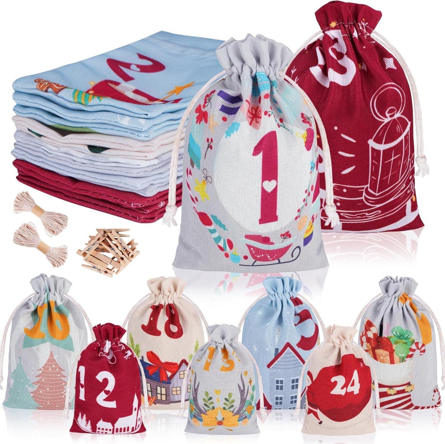 Adventskalender zum Befüllen Stoffbeutel 24 Weihnachtsmuster Kinder DIY