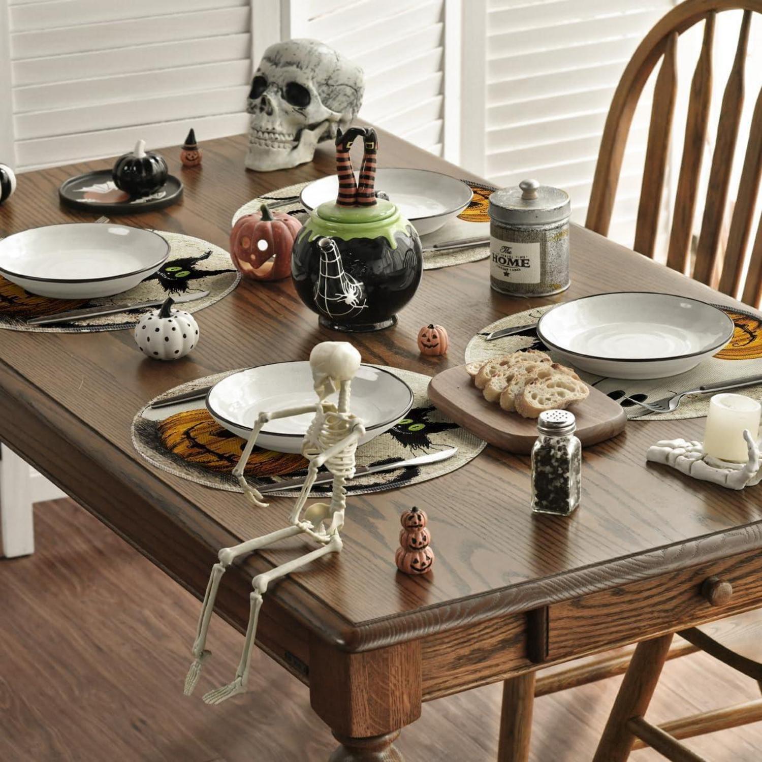 Artoid Mode Halloween Katze Geist Tischsets 4er Set 37cm, Rund 4er Set Schwarze Katze Kürbis Platzdeckchen