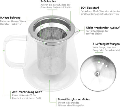 Teekanne Glas mit Siebeinsatz 450ml Borosilikat Hitzebeständig