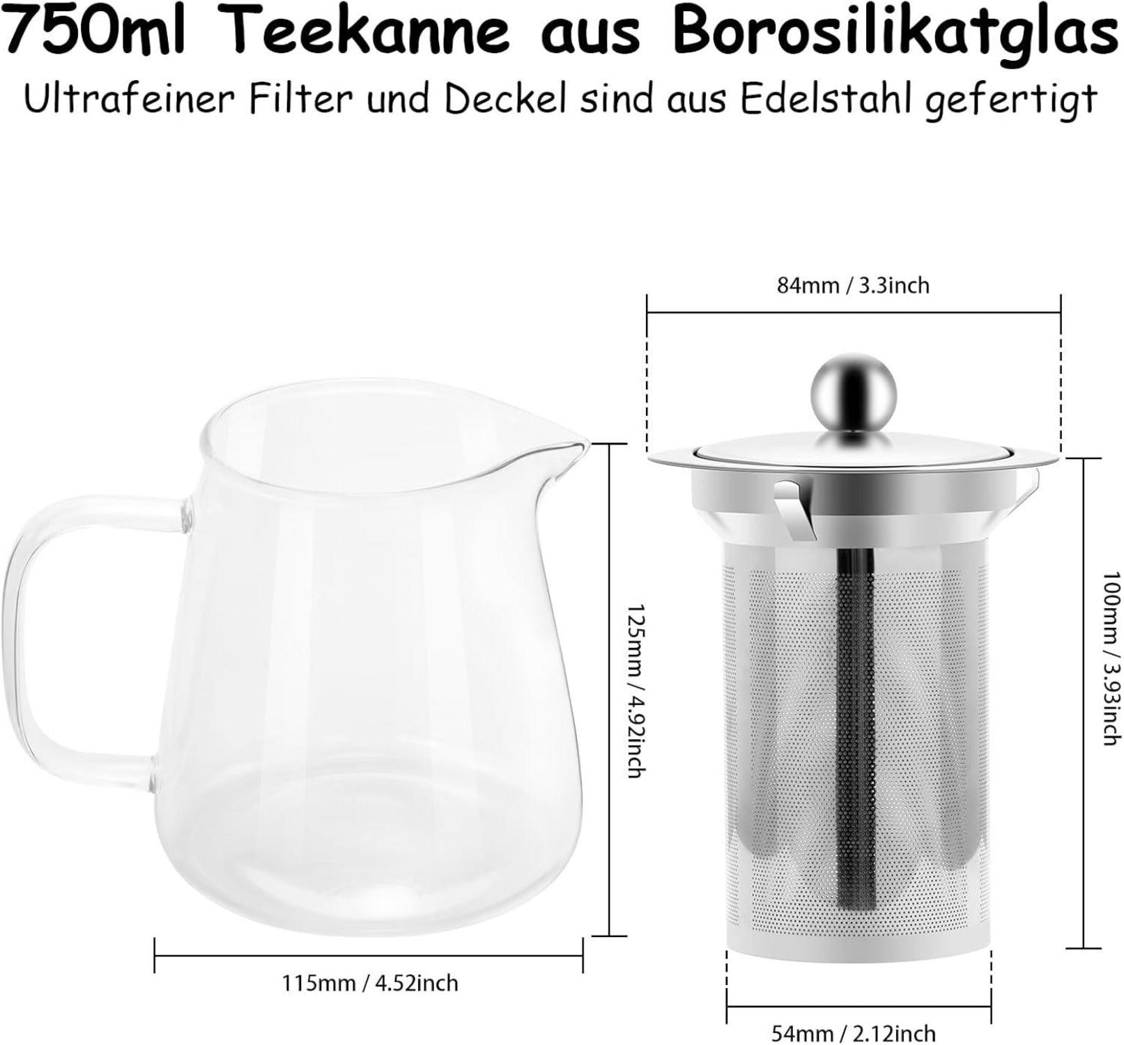 Glas Teekanne 750ml mit Siebeinsatz Borosilikat
