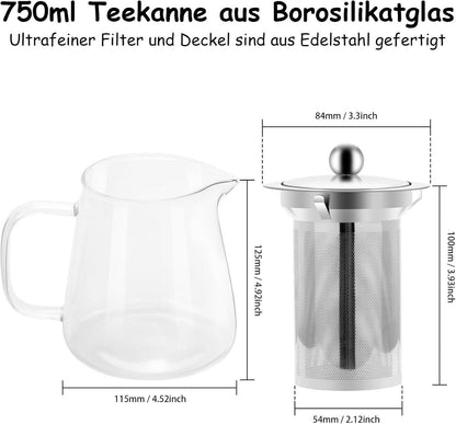 Glas Teekanne 750ml mit Siebeinsatz Borosilikat