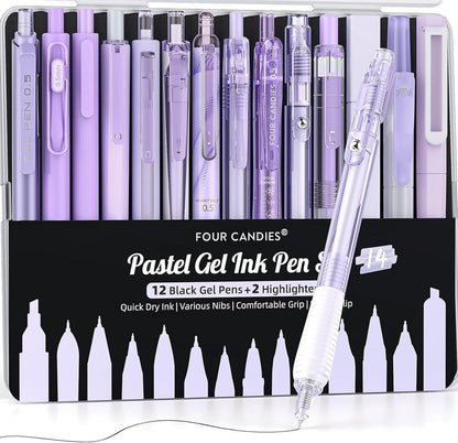 Gelstifte Set, 14-teilig, feine Spitze, einziehbar, 12x Schwarz, 2x