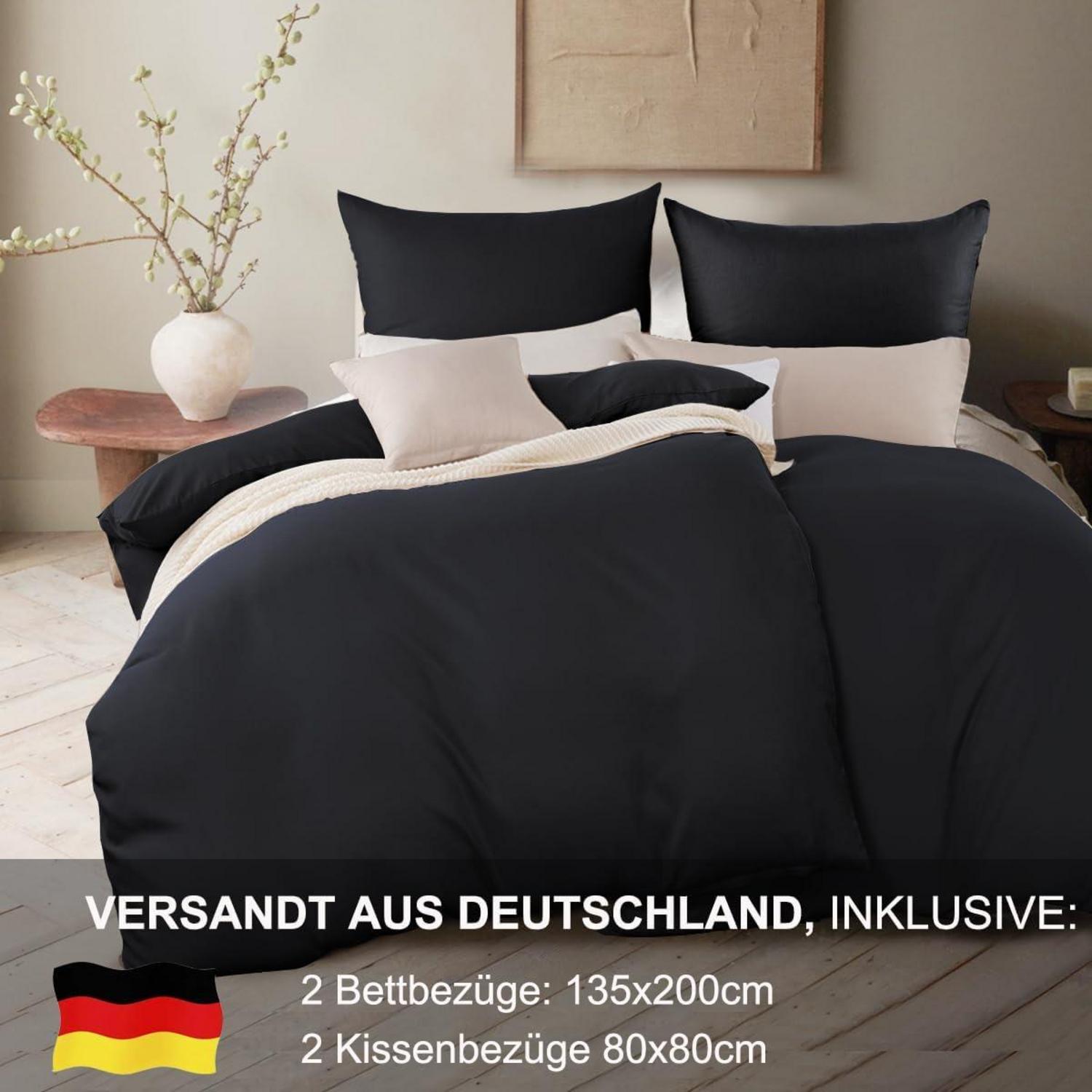 Bettwäsche 135x200 4tlg Schwarz Mikrofaser Reißverschluss