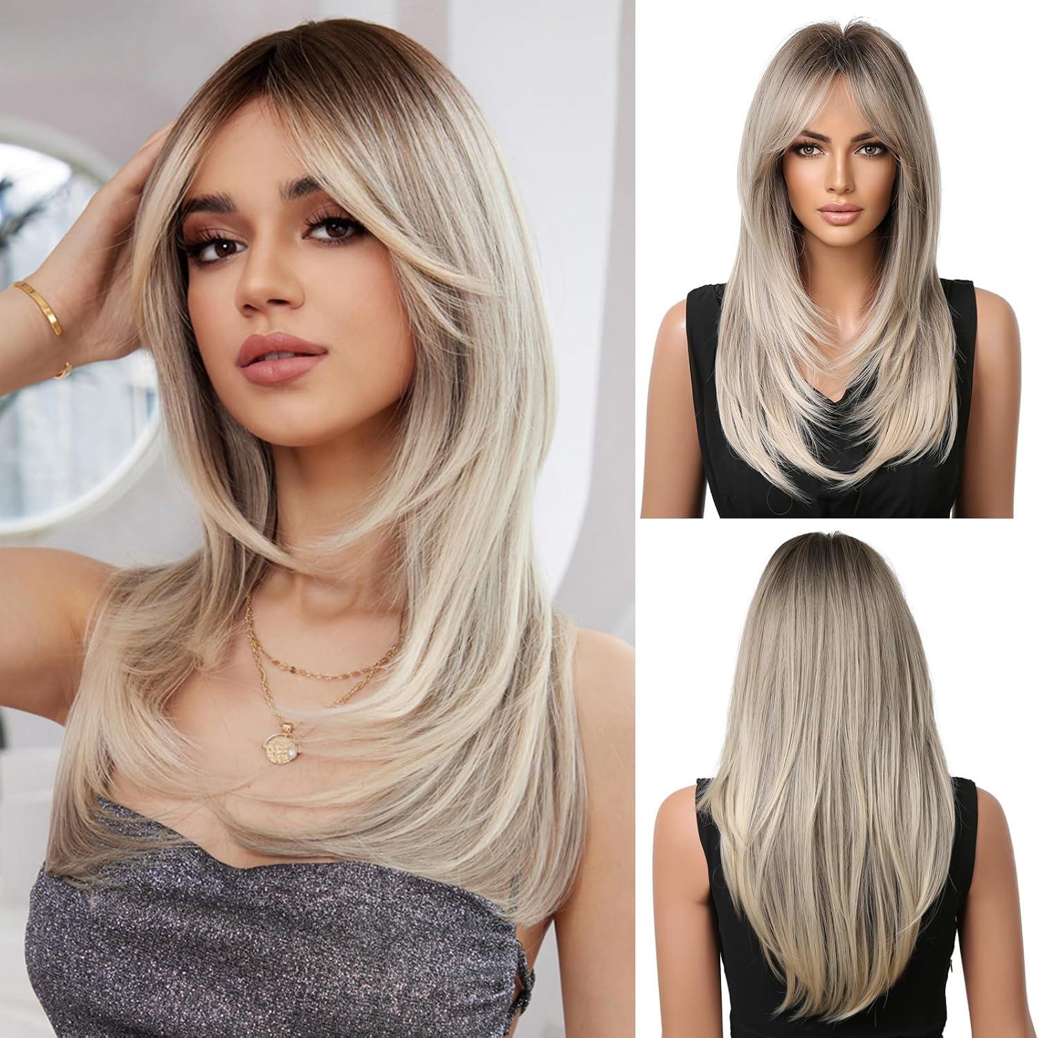 Ombre Aschblond Synthetische Perücke mit Pony & Hitzebeständig