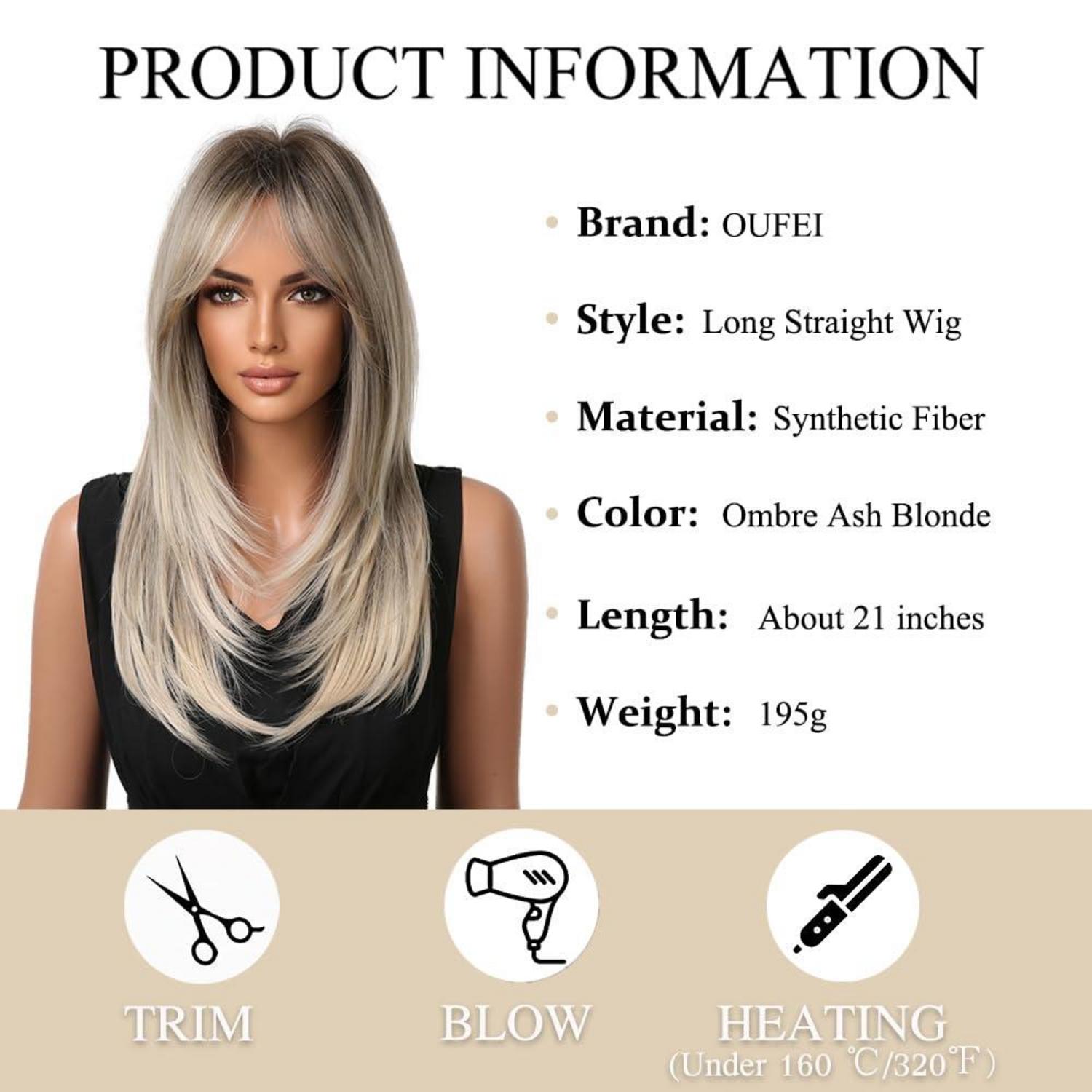 Aschblonde Ombre Perücke mit Pony - Lange Gerade