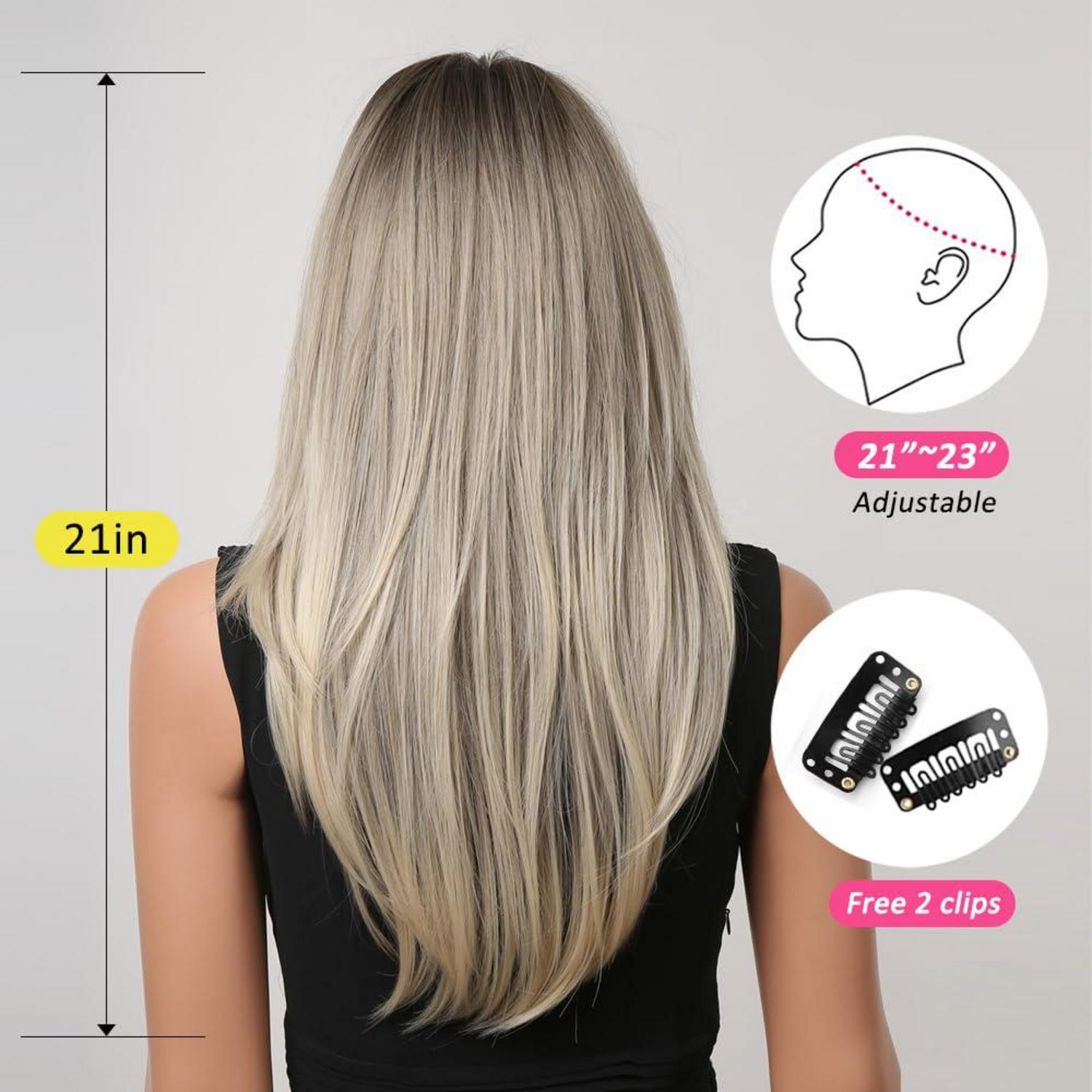 OUFEI Ombre Aschblond Langhaarperücke mit Pony für Frauen-Hitzebeständige Synthetische Perücke-für Cosplay,Natürliches Aussehen