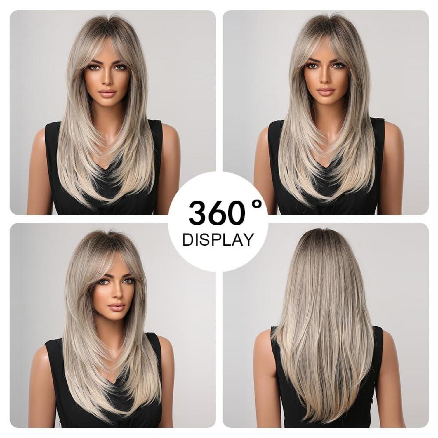 Ombre Aschblond Perücke lange gerade Synthetische Haar Hitzebeständig
