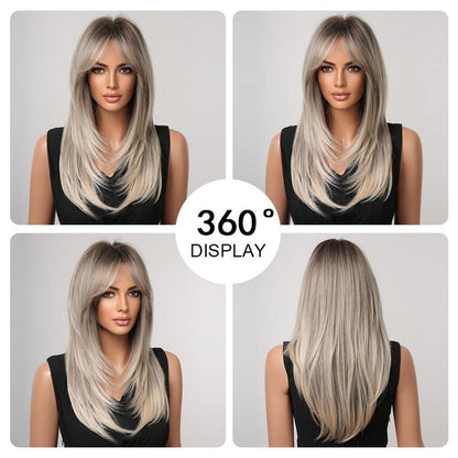 Ombre Aschblond Perücke lange gerade Synthetische Haar Hitzebeständig