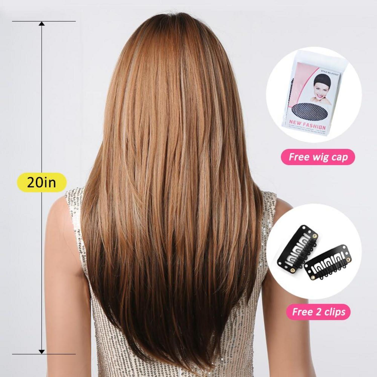 Braun Ombre Dunkelblonde Lange Perücke mit Pony und Hitzebeständiges Synthetikhaar für Frauen