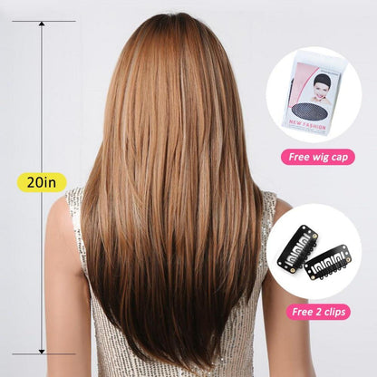 Braun Ombre Dunkelblonde Lange Perücke mit Pony und Hitzebeständiges Synthetikhaar für Frauen