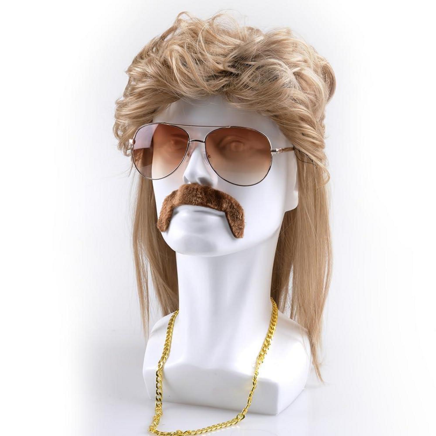 Blonde Vokuhila Perücke Herren 80er Jahre Outfit Accessoires Wig Sonnenbrille