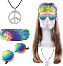 Hippie Kostüm Set Damen Herren Peace Brille Perücke Batik Stirnband