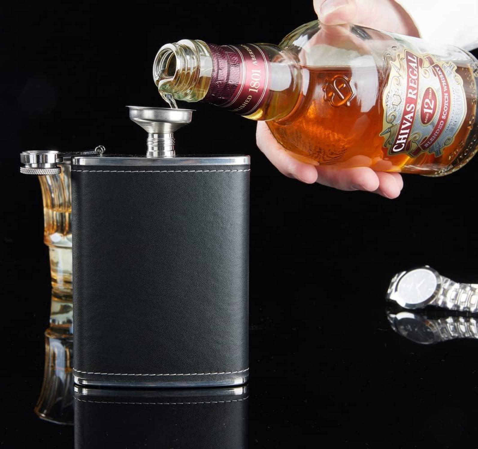 2X Edelstahl Flachmann Set, 8oz/227ml + 3oz/80ml, Leder Geschenk für