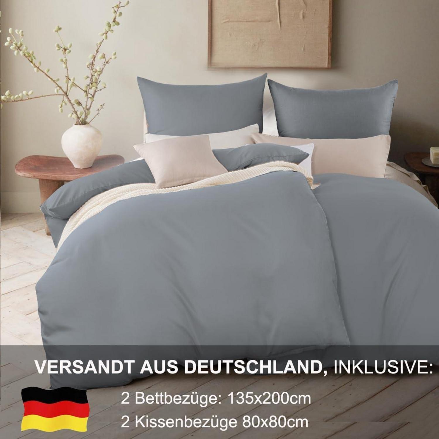 Bettwäsche 135x200 4tlg Grau Weich Sets Bettbezug Kissenbezug 80x80