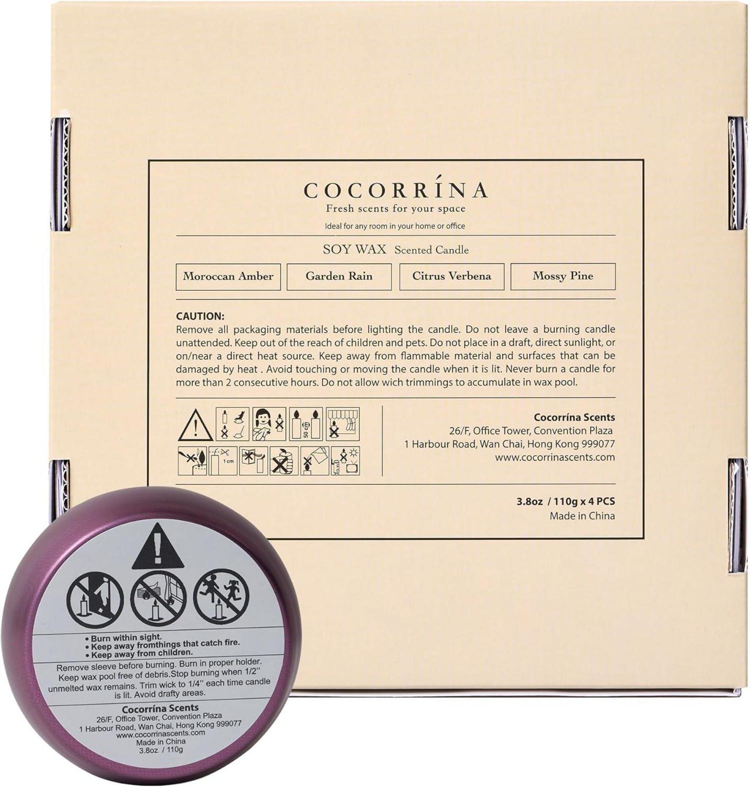 Cocorrína Duftkerzen Geschenkset - 4er Pack, 110g - Aromatherapie Kerzenset mit natürlichem Sojawachs - Gartenregen, Zitrus-Eisenkraut, Marokkanischer