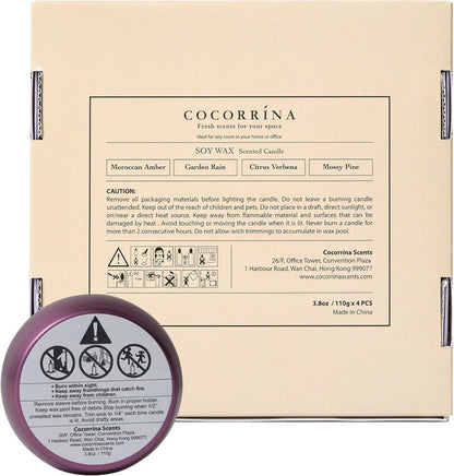 Cocorrína Duftkerzen Geschenkset - 4er Pack, 110g - Aromatherapie Kerzenset mit natürlichem Sojawachs - Gartenregen, Zitrus-Eisenkraut, Marokkanischer
