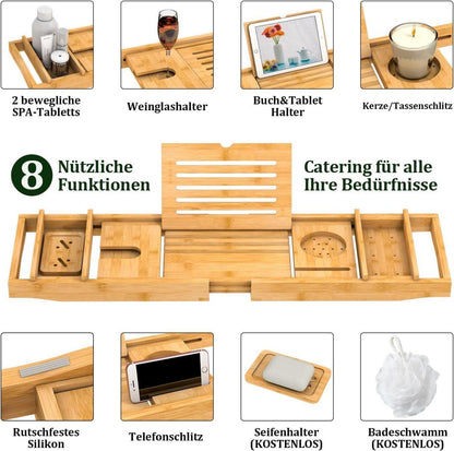 Badewannenablage aus Bambus verstellbar mit Getränkehalter
