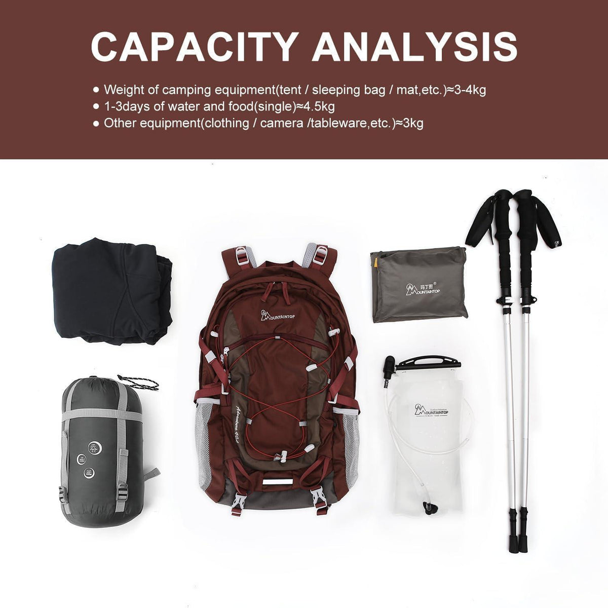 40L Wanderrucksack Granatrot - Trekking, Camping, Reisen