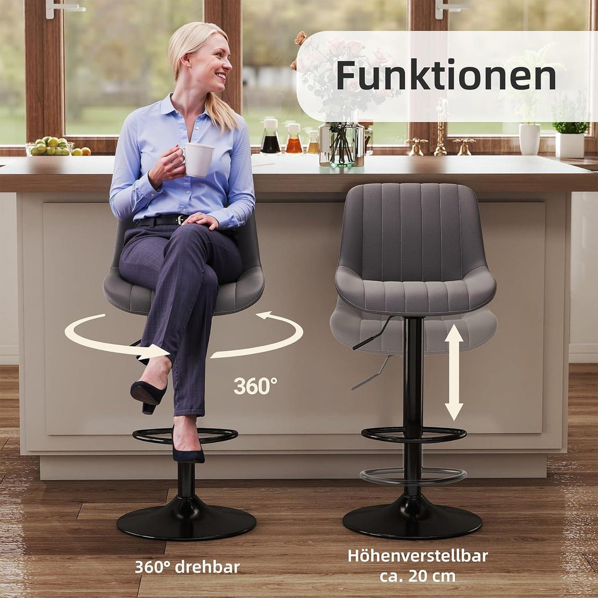Drehbarer Barhocker mit Lehne, Höhenverstellbar, Dunkelgrau
