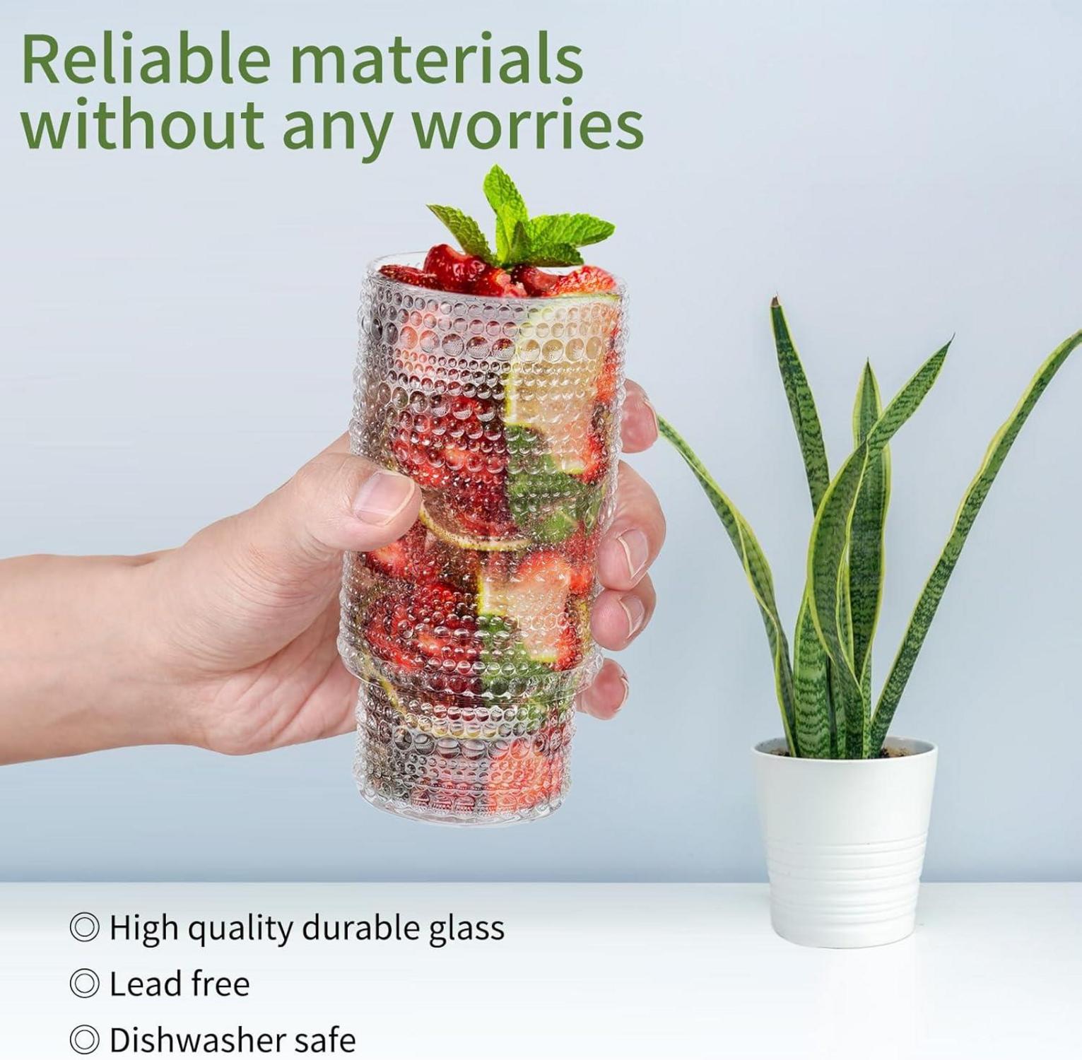 Aoresac Cocktail Gläser 6er Set Gerippte Glasbecher Strohhalmen 6pcs